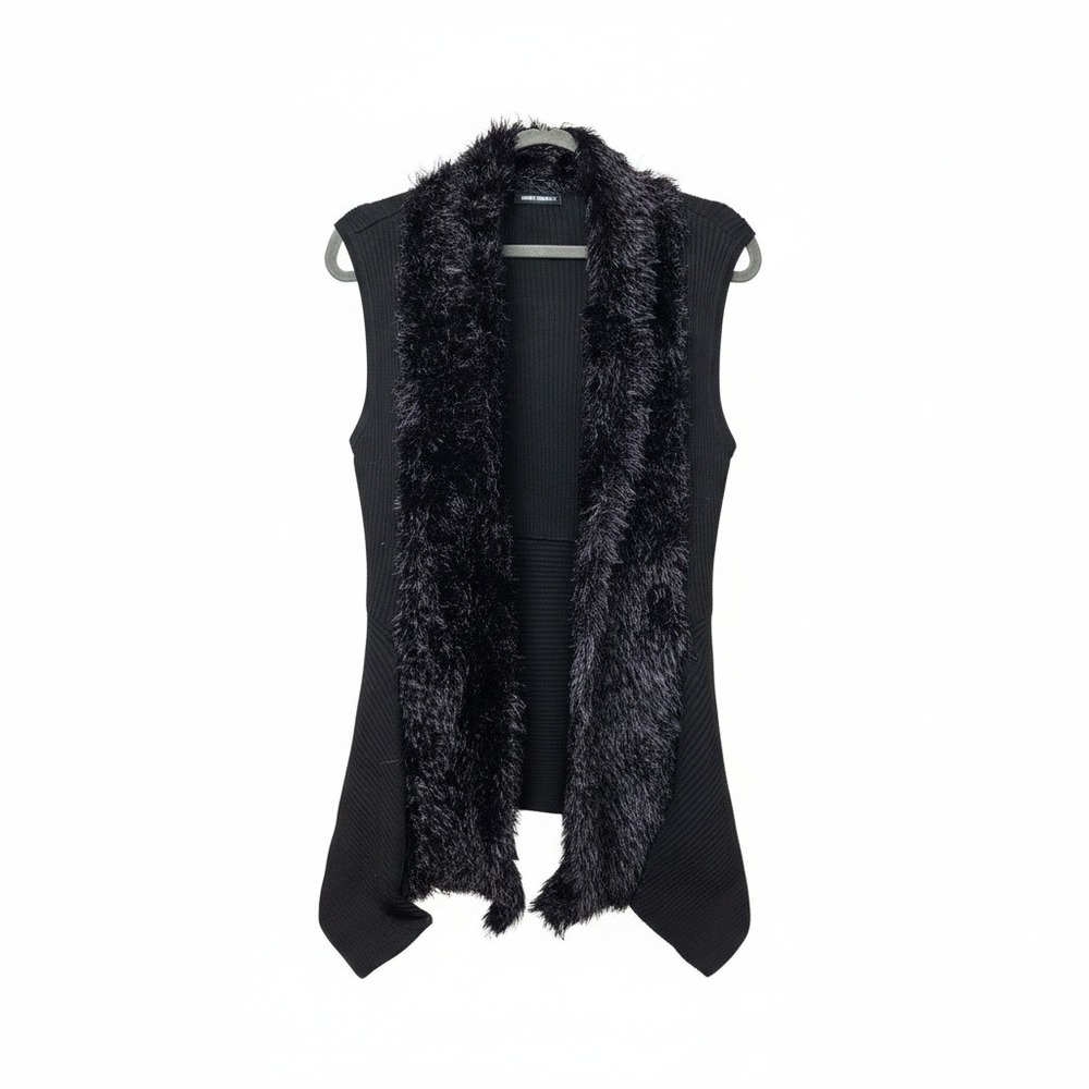 Lauren Michelle Open Front Sleeveless Sweater Vest Cardigan Black Faux Fur Trim